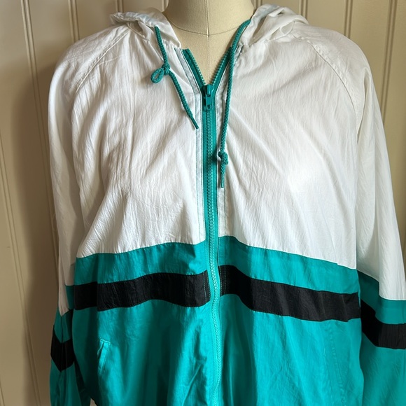 White and Turquoise Hooded Windbreaker Coat - Picture 2 of 3